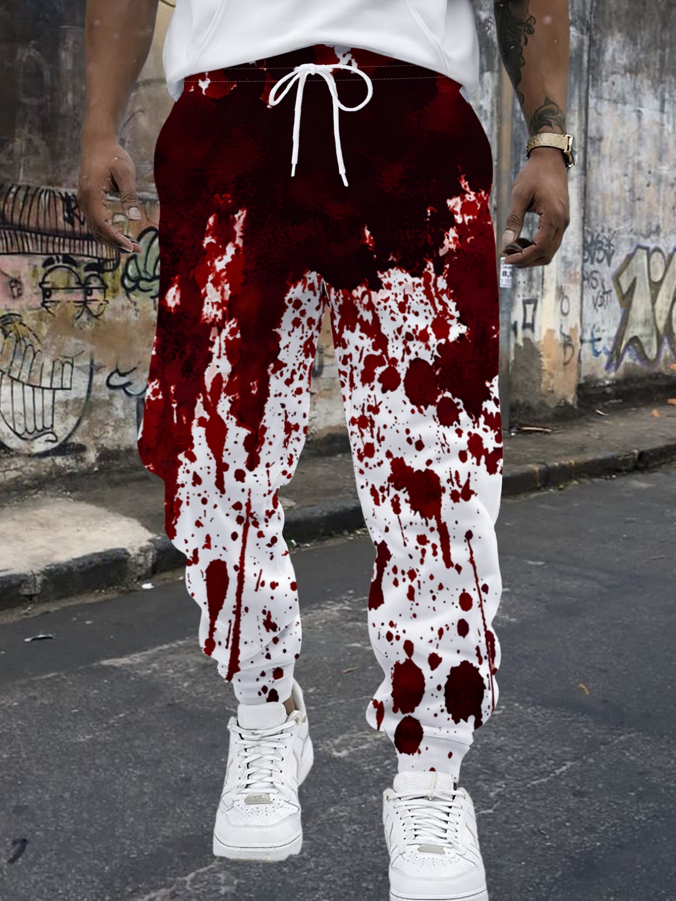 Men's Blood Splatter Print Sweatpants, Horror Themed